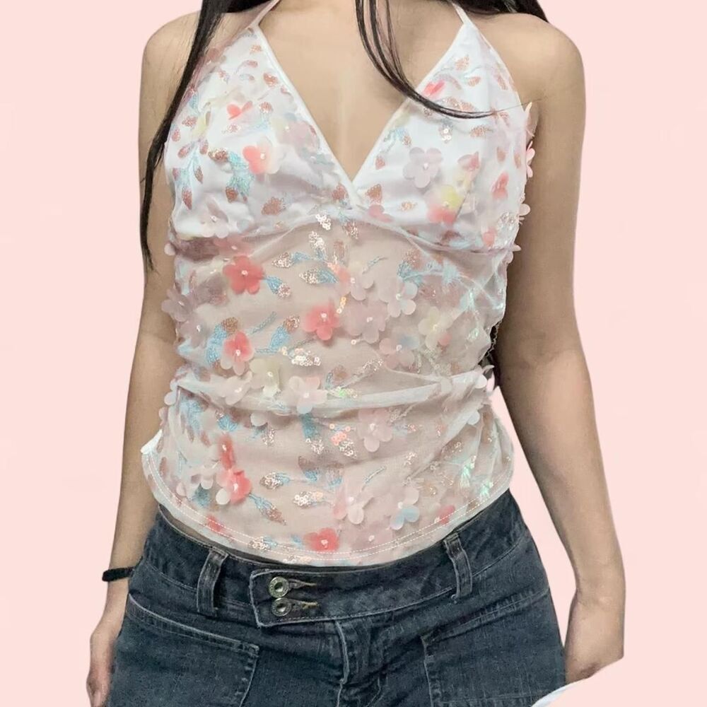 Y2K Sexy Fairy Floral sequin beaded sheer halter top with open back - size Large